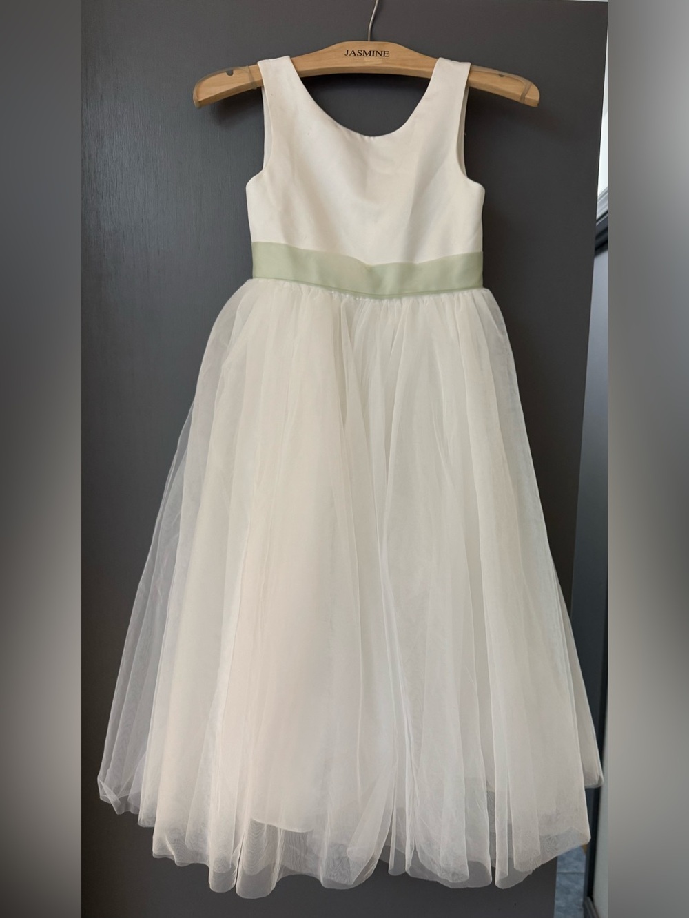 Azazie Sz 8 White Tulle Flower Girl Dress with Sage Waistband